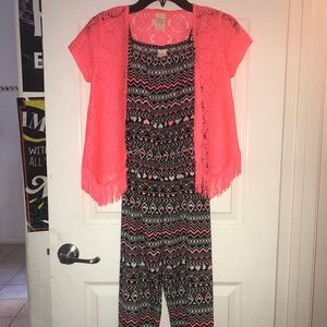 Girls jump suit with lightweight cardigan coverup